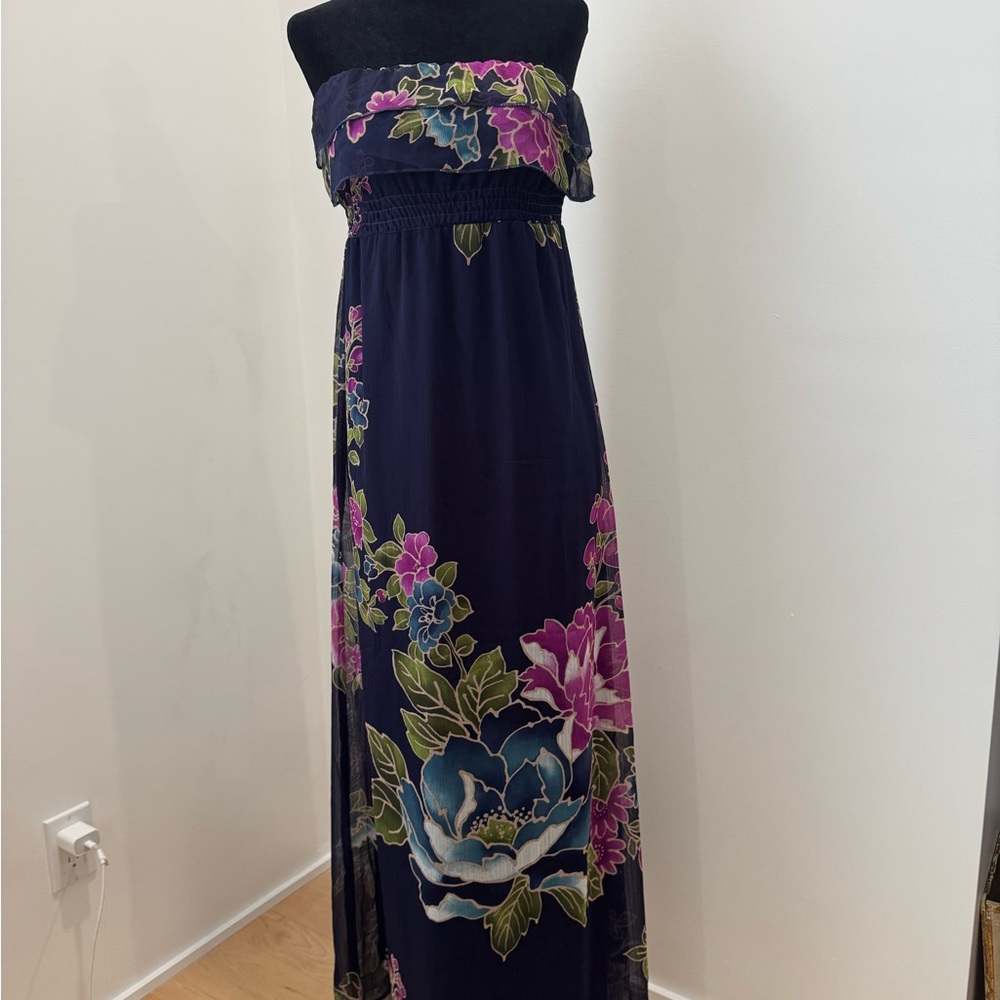 Floral Strapless Maxi Summer Dress - Navy with Pink, Green and Blue Accents
